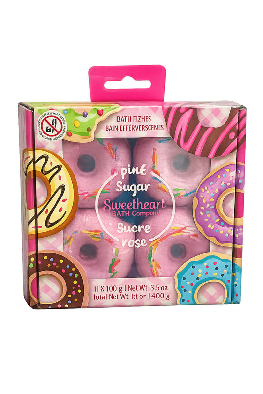 A colorful donut-themed bath fizzies gift set