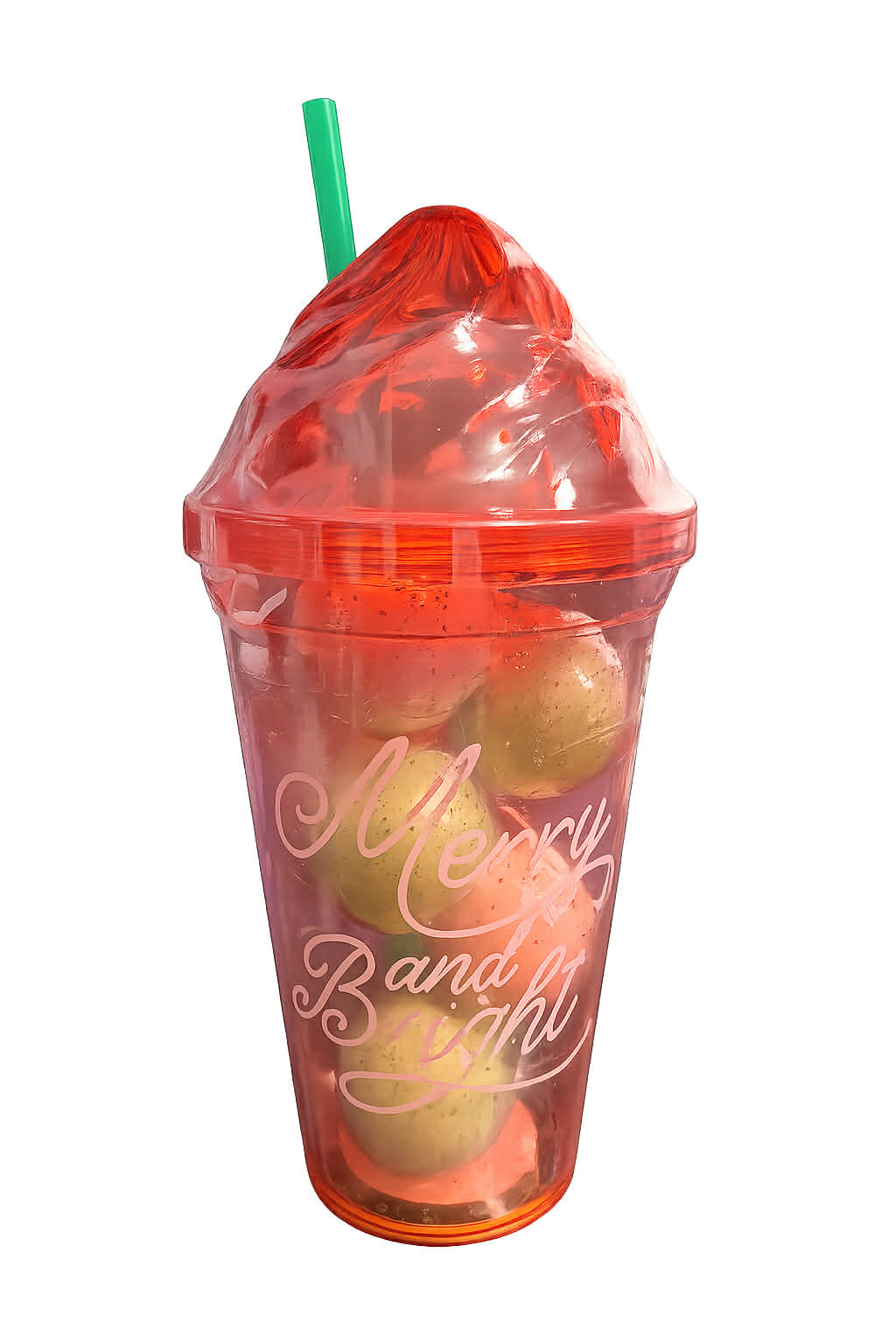 festive red plastic tumbler with a dome lid and green straw