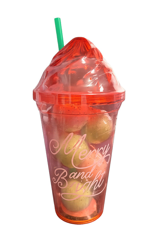 festive red plastic tumbler with a dome lid and green straw