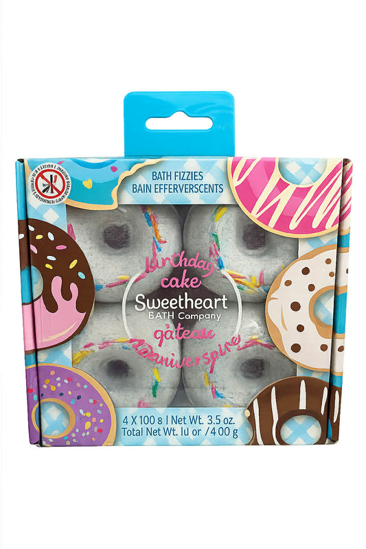 A colorful donut-themed bath fizzies gift set