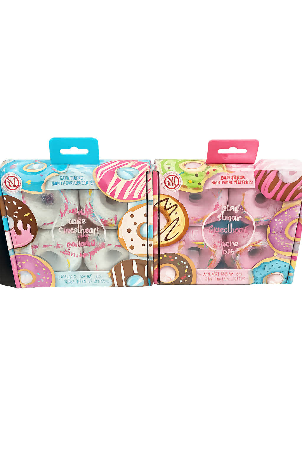 A colorful donut-themed bath fizzies gift set